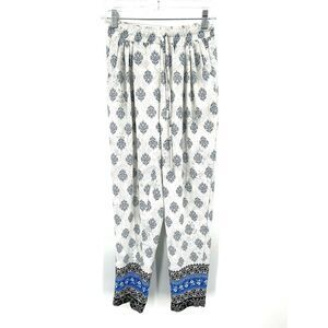 GRIFFLIN Paris White Blue Floral Print Lightweight Waist Tie Pants Size Medium